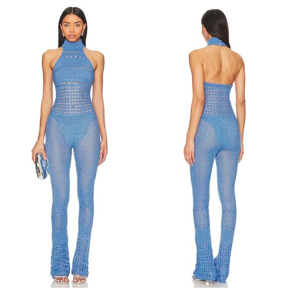 Retrofete Kalena Knit Crochet Tropical Blue Flared Jumpsuit Size Small - Picture 2 of 12